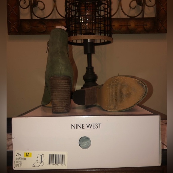 Ankle booties-Olive green suede; brown wooden heel; worn a few times. - Picture 5 of 8